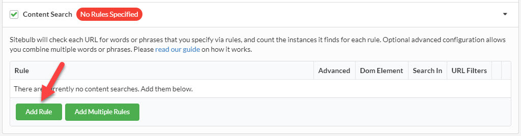 content search setting add rule button - Sitebulb screenshot