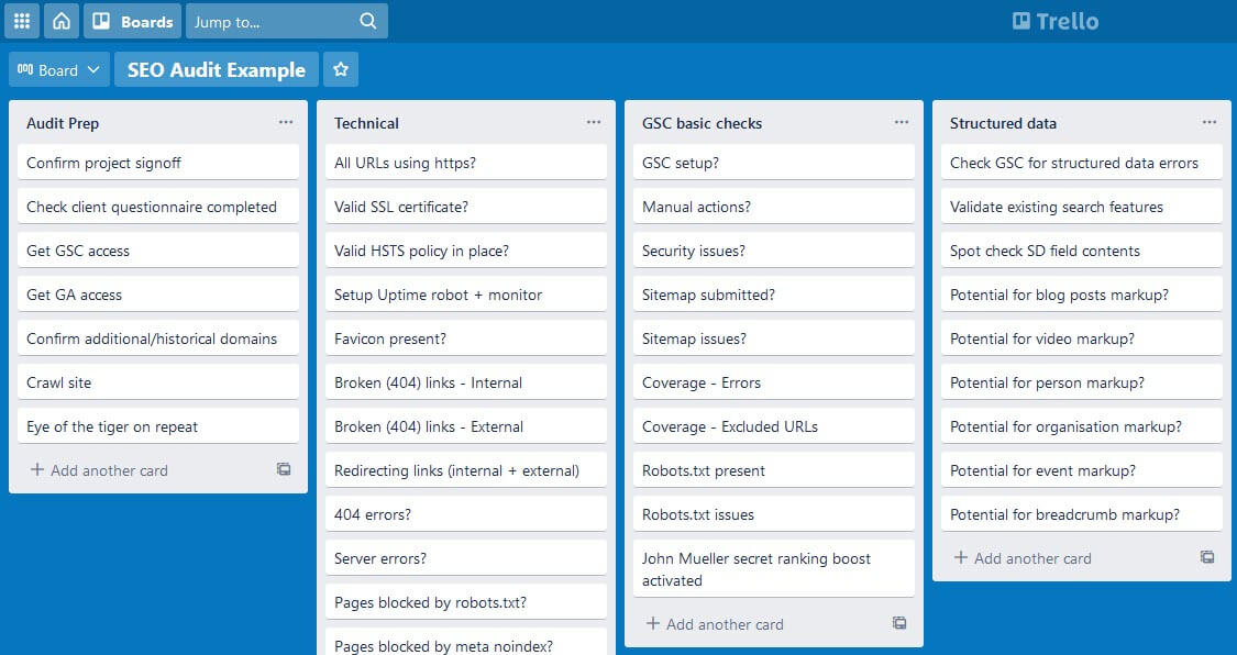 SEO audit trello mockup