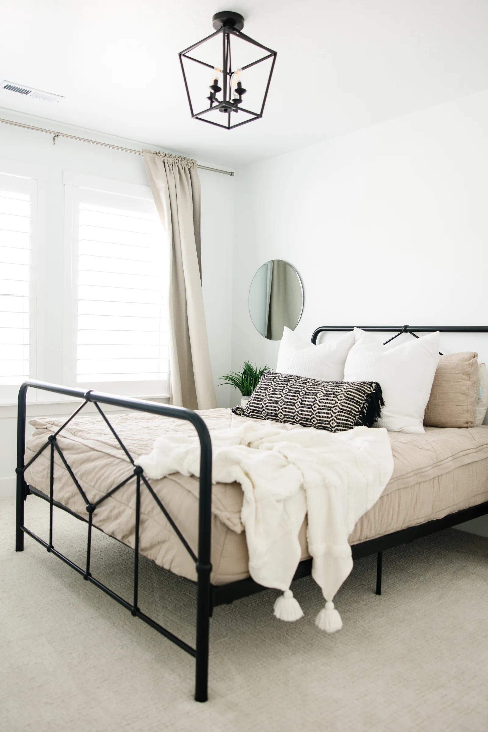 clean bedroom with natural light on cream carpet