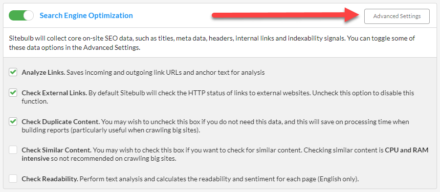 Search engine optimization advanced settings