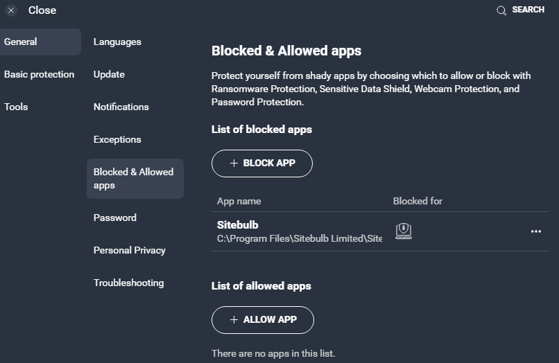 Blocked Sitebulb app