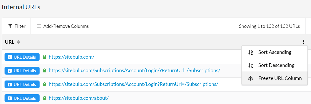Freeze URL Column