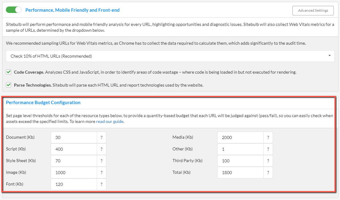 Performance Budgets setup