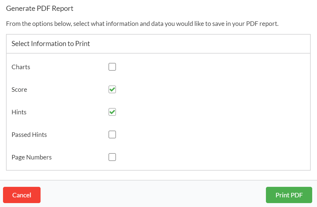 Print scores on PDF