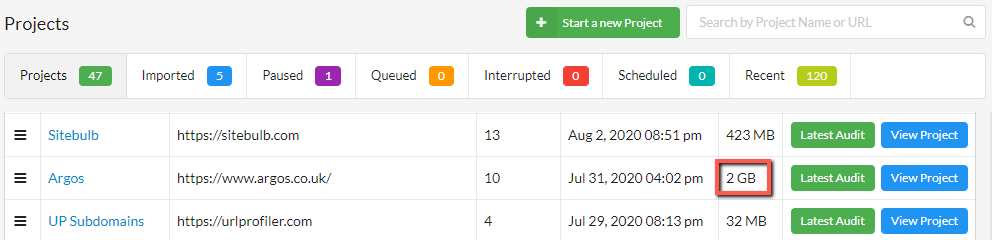 Project data size