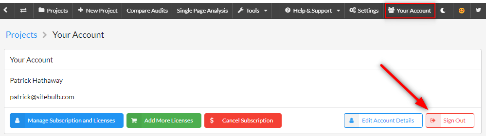 Sign out of Sitebulb