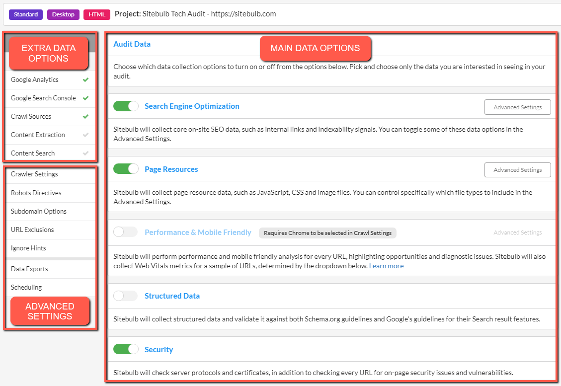 Sitebulb Data Options