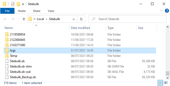 Sitebulb logs folder