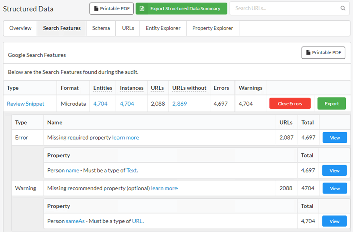 Sitebulb structured data auditing screenshot